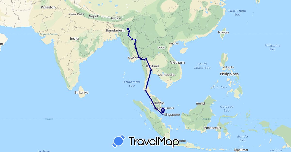 TravelMap itinerary: driving in India, Myanmar (Burma), Malaysia, Singapore, Thailand (Asia)